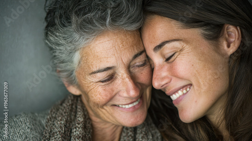 Warm and affectionate moment between an older woman and younger woman sharing a tender smile and close embrace symbolizing love and family bond
