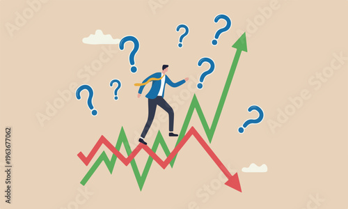 Financial and stock market due to Coronavirus crisis concept, businessman investor fall on uncertainty, volatile up down arrow profit graph