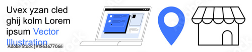 E-commerce, online shopping, delivery services, location navigation, small business tools, digital marketplaces. A laptop with screens, a location pin and a storefront icon. E-commerce and online