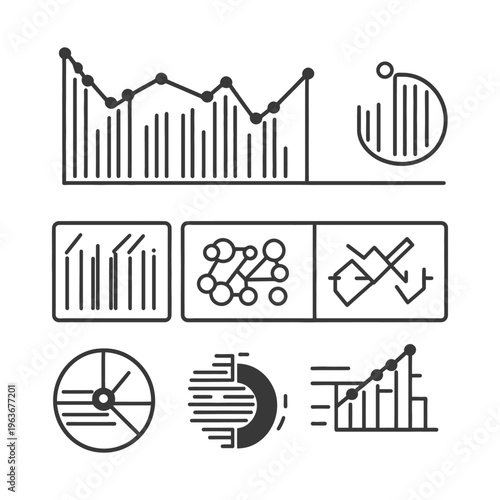 Various graphic charts and data analysis information icons are shown