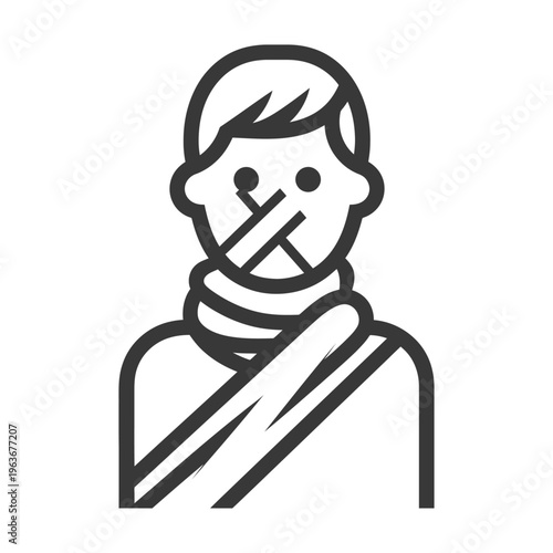 A silhouetted person with tape covering the mouth and neck wrap