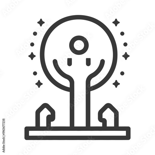 An artistic illustration depicting a stylized tree with surrounding stars