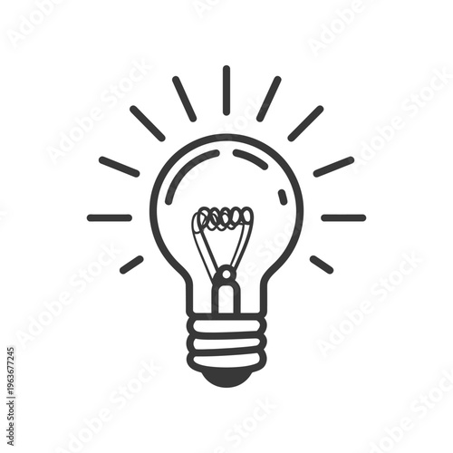 The simple black and white graphic shows a lit light bulb