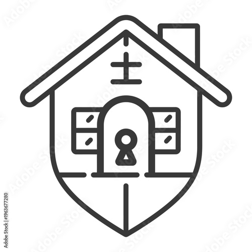 A simplistic black and white illustration of a house shaped icon