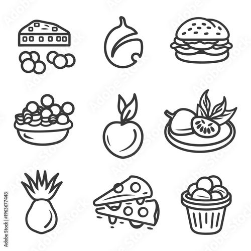 Collection of various food illustrations in a line art style