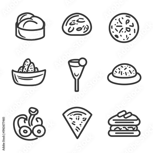 Simple line drawings depicting various food and beverage items