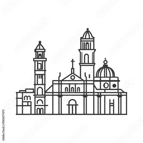 A simple line drawing of an ornate cathedral facade