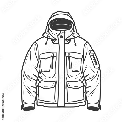 An illustrated jacket with hood and multiple pockets depicted clearly