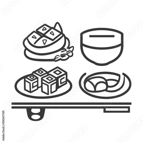 A black and white graphic of sushi and chopsticks