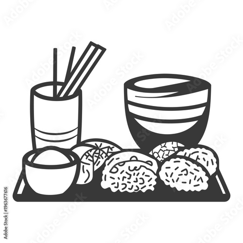 A simple grayscale illustration of asian food on a plate