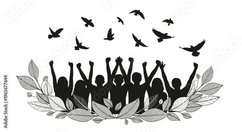 People celebrating with raised arms outdoors.