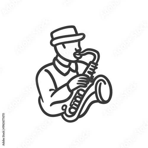 A stylized graphic illustration of a person playing a saxophone instrument