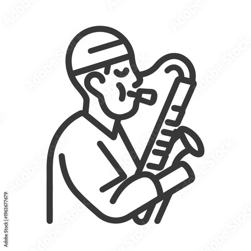 A musician playing a wind instrument with a cap on their head