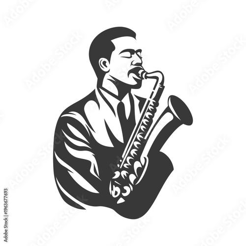 A stylish monochrome depiction of a man playing saxophone music