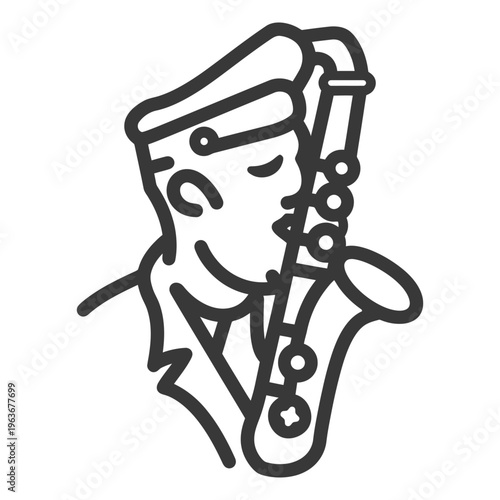 A musician wearing a cap plays a musical instrument with enjoyment
