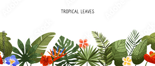 Seamless border of tropical leaves and flowers. Exotic summer paradise. Green jungle. Blooming garden. Vector illustration.