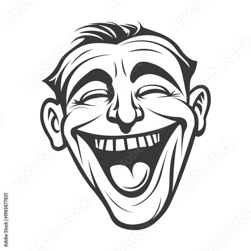 A grayscale illustration depicts a man laughing hysterically with wide open mouth