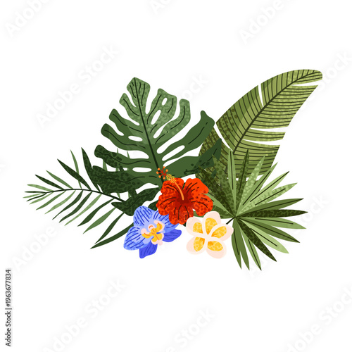 Exotic tropical foliage composition with monstera, banana palm, plumeria and orchid flowers. Lush jungle plants, colorful botanical vector illustration for summer design, travel banner.