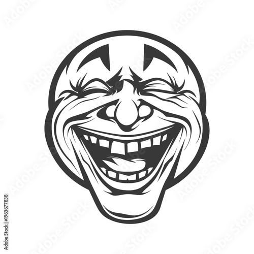 A stylized cartoon image of a clowns laughing face