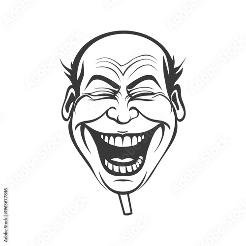 A cartoon depiction of a bald man laughing widely with joy