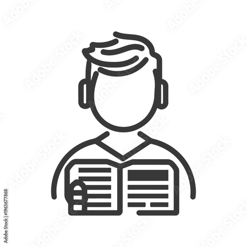 An illustrated person is holding and reading an open book