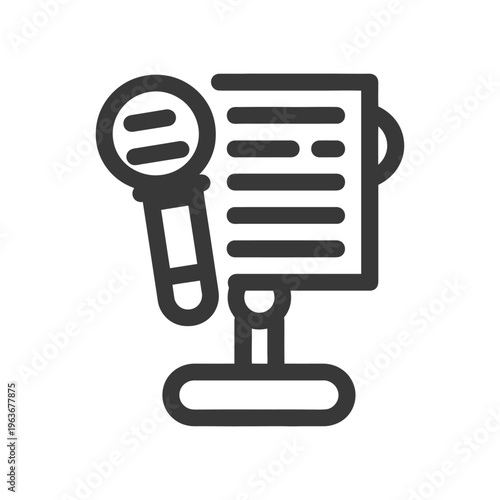 Black and white illustration depicting a microphone and speech notes