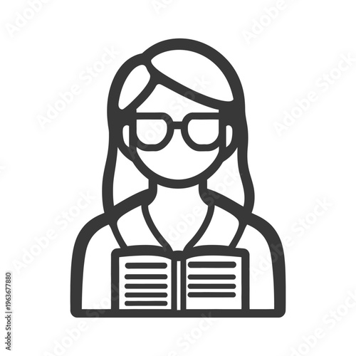 A female person is wearing glasses and reading a book