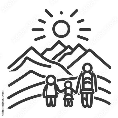 A family is hiking together in front of some mountainous scenery