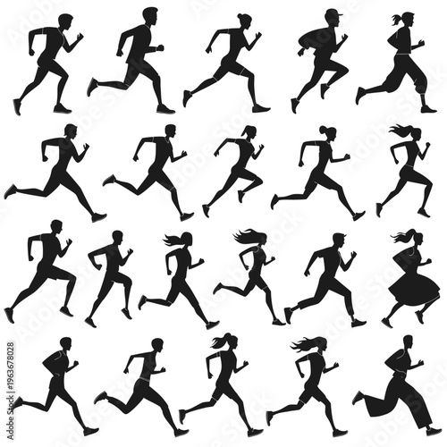 Running men and women, isolated vector silhouettes. Run, side view. Silhouettes of athletic looking male and female runners running. 