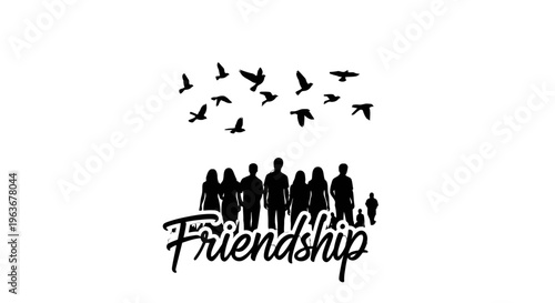 A symbolic representation of friendship and togetherness with silhouettes of people and birds.