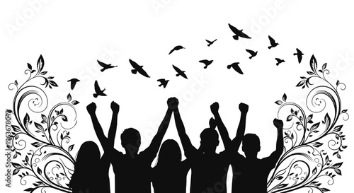 People celebrating with raised hands outdoors.