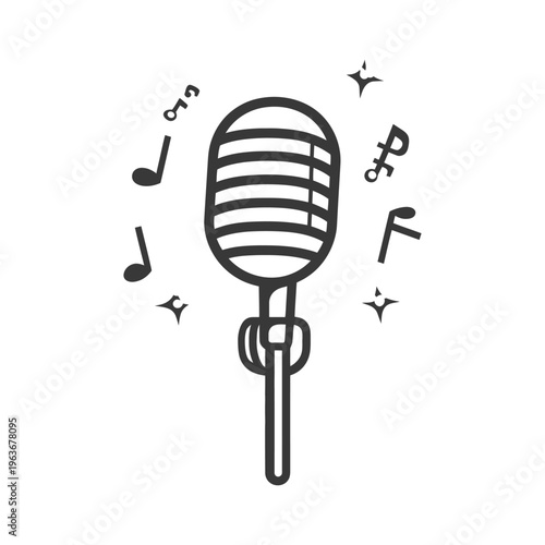 A black and white illustration of a classic microphone