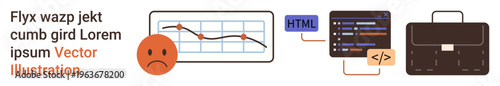 Financial analysis, economic downturn, programming, coding developments, professional tools, workplace balance. A downward trend graph, HTML code and a business briefcase. Financial analysis