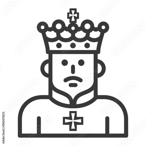 A minimalist illustration of a crowned person with facial details