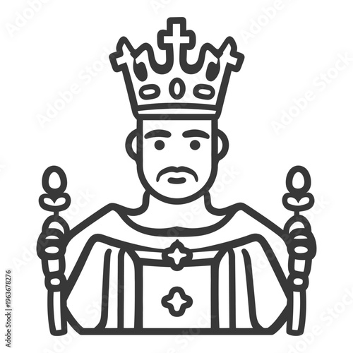 A regal male figure wearing a crown and holding staves