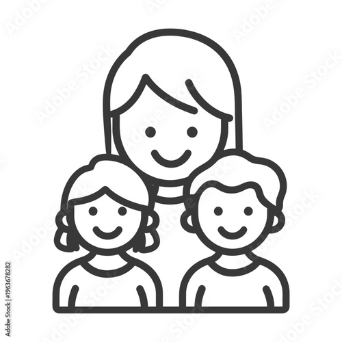 A smiling mother stands with her two happy children