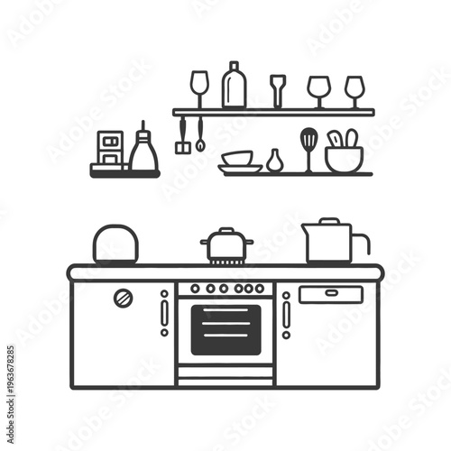 Black and white minimalist line drawing of a kitchen