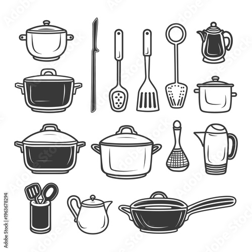 Monochrome drawings depicting various culinary utensils and cookware items