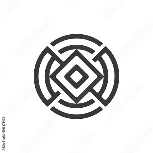 A symmetrical geometric symbol design composed of concentric shapes and lines