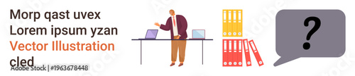 Business workflow, decision-making, office tasks, problem-solving, organization, corporate strategy. Man working at desk with laptops, folders and speech bubble. Business workflow