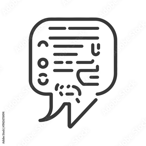 A speech bubble contains text and graphical elements inside