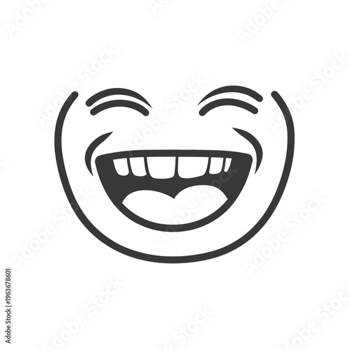 A simple black and white graphic illustration of a smiling face