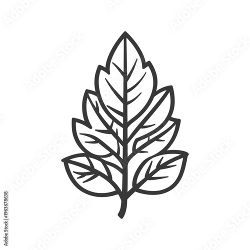 A detailed monochrome illustration featuring a simple stylized leaf design
