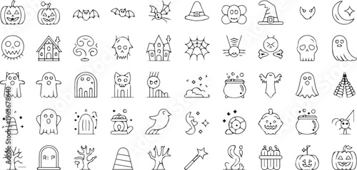 Halloween icons, spooky symbols, black line art, 40 vector illustrations, creepy characters