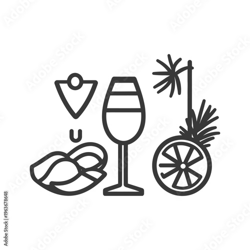 A stylized illustration displaying various elements of food and drinks