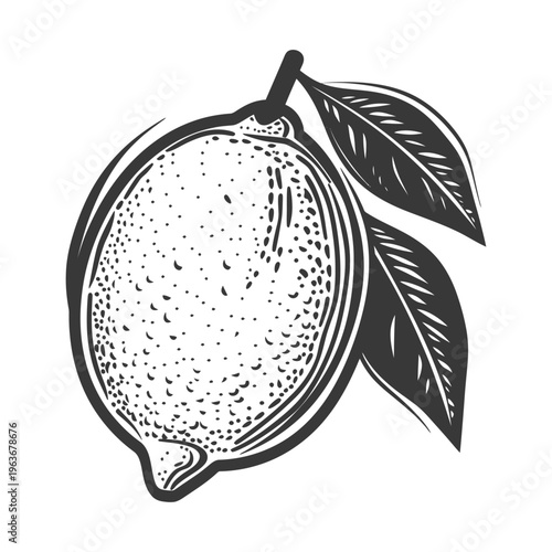 A monochrome drawing showing a single lemon with leaves