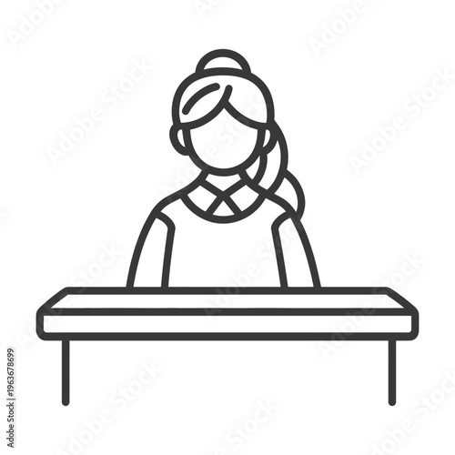 A simplistic line drawing of a woman behind a desk