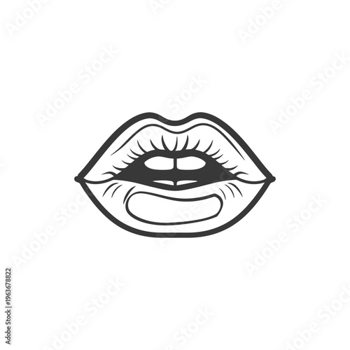 A black and white line drawing depicting a pair of parted lips