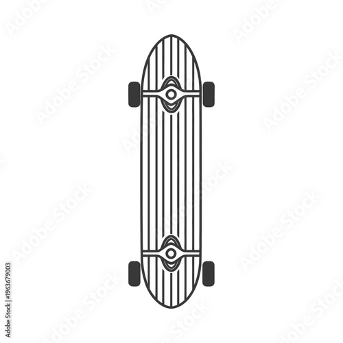 A longboard skateboard with four wheels depicted in simple black lines