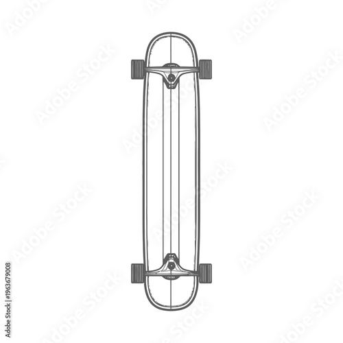The stylized illustration of a long skateboard with wheels